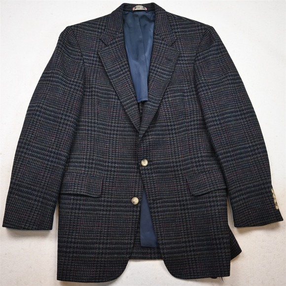Vtg Austin Reed 38S Blue Houndstooth Plaid British Tweed Blazer Jcket Sport Coat